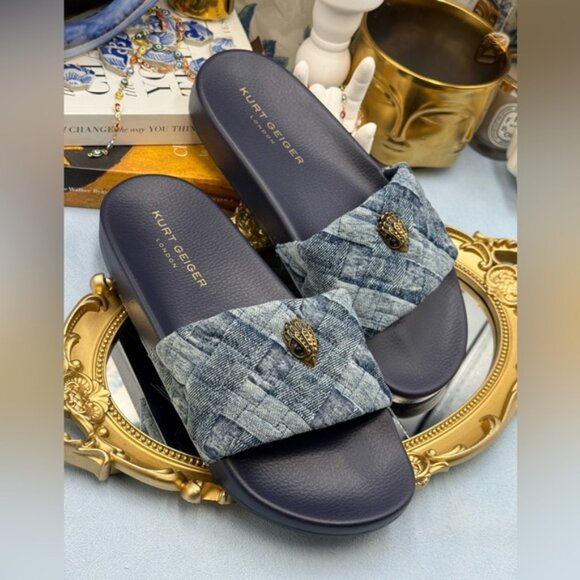 🆕 KURT GEIGER LONDON 🧿 NWOB Blue Denim Meena Eagle Slides, Sz EU 40 US 9 - Picture 5 of 10